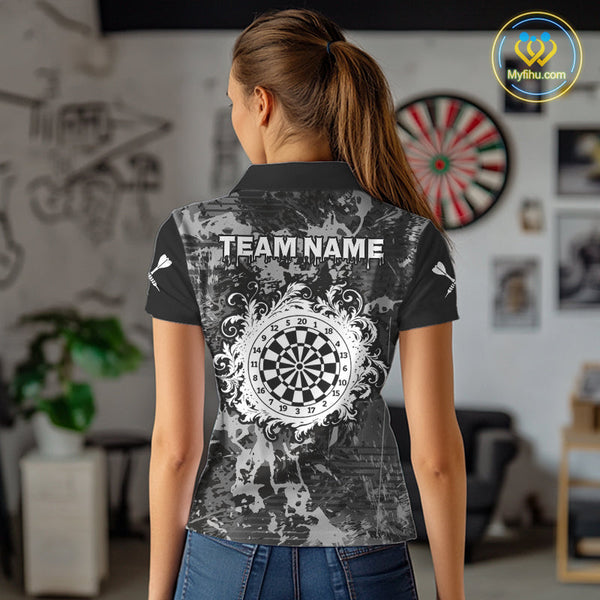 Custom Black And Gray Splatter Camouflage Dart Team Women Polo Shirts, Dart League Shirt NYN0321