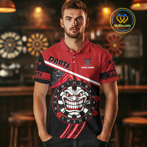 Custom Black And Red Tiki Mask Funny Dart Polo Shirt For Men, Dart Jerseys NYN0583