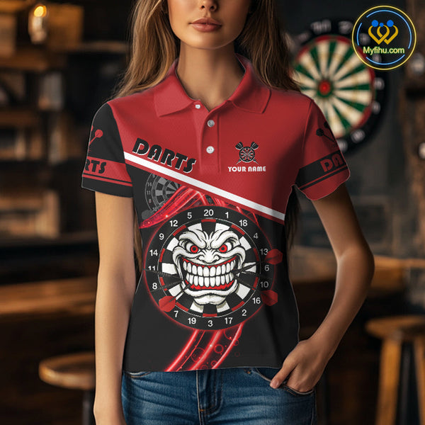 Custom Black And Red Tiki Mask Funny Dart Polo Shirt For Women, Dart Jerseys NYN0583