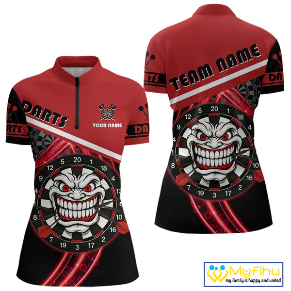 Custom Black And Red Tiki Mask Funny Dart Quarter-Zip Shirt For Women, Dart Jerseys NYN0583