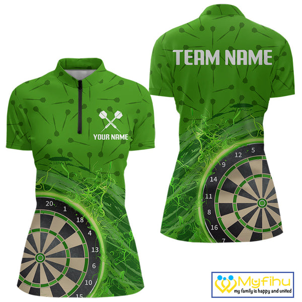 Custom Darts Pattern Green Fire Flame Dartboard Dart Quarter-Zip Team Shirts For Women NYN0595