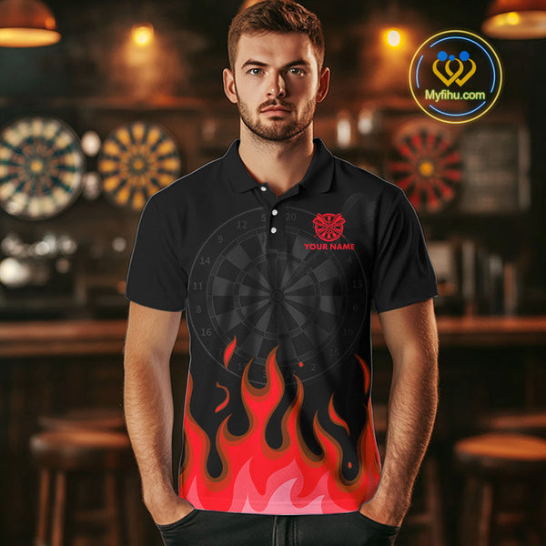 Custom Black And Red Flame Skull Dart Team Polo Shirt For Men, Halloween Dart Shirt NYN0598