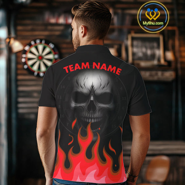 Custom Black And Red Flame Skull Dart Team Polo Shirt For Men, Halloween Dart Shirt NYN0598