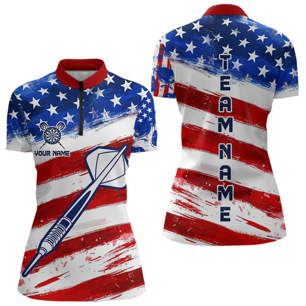 Custom US Flag Dart Team Quarter-Zip Shirts For Women, Patriotic Dart League Shirt NYN0014