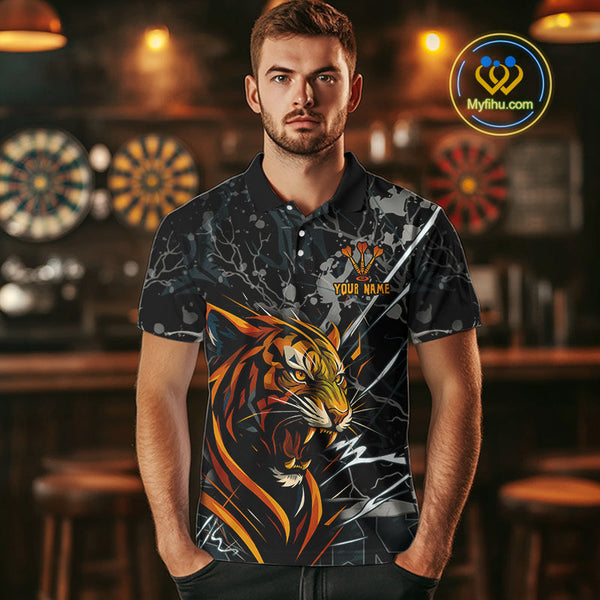 Custom Black And Gray Camo Tiger Dart Team Men Polo Shirts, Dart Jerseys NYN0334