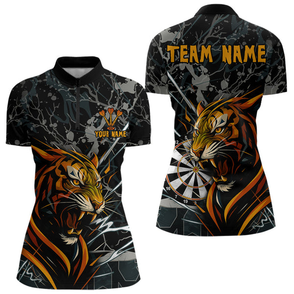 Custom Black And Gray Camo Tiger Dart Team Women Quarter-Zip Shirts, Dart Jerseys NYN0334