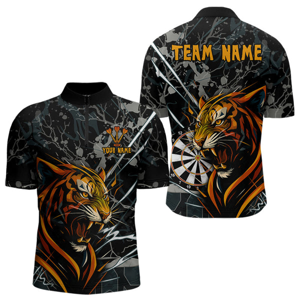 Custom Black And Gray Camo Tiger Dart Team Men Quarter-Zip Shirts, Dart Jerseys NYN0334