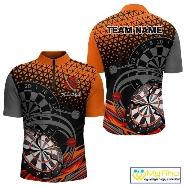 Custom Black And Orange Dart Jerseys, Dart Team Uniform Quarter-Zip Shirts For Men NYN0338
