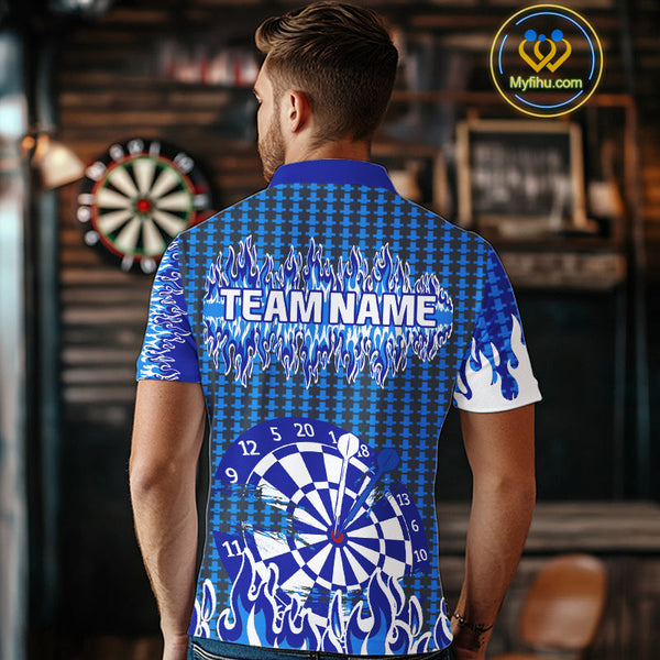 Custom Blue Flame Dartboard Dart Jerseys, Fire Dart Team Men Polo Shirt Dart Outfit NYN0345