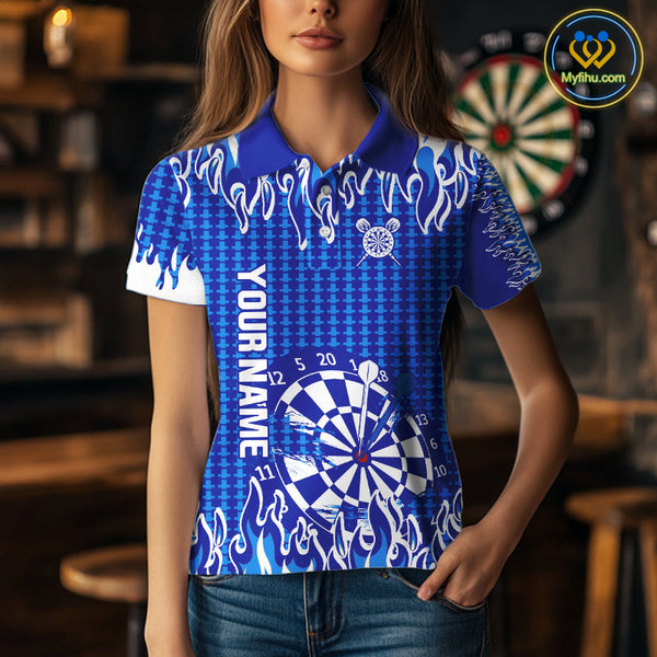 Custom Blue Flame Dartboard Dart Jerseys, Fire Dart Team Women Polo Shirt Dart Outfit NYN0345