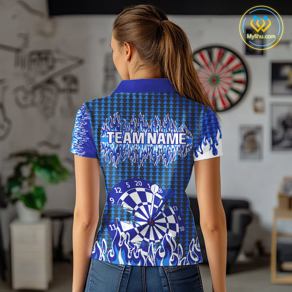 Custom Blue Flame Dartboard Dart Jerseys, Fire Dart Team Women Polo Shirt Dart Outfit NYN0345