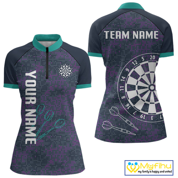 Custom Green And Purple Dart Team Women Quarter-Zip Shirts, Dart Tournament Shirt Uniform NYN0343