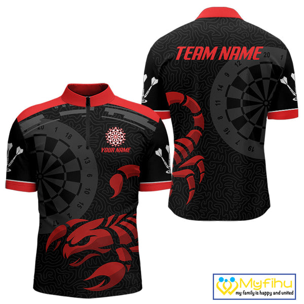 Custom Black And Red Scorpion Dart Team Jerseys, Scorpion Dart Quarter-Zip Shirts For Men NYN0346