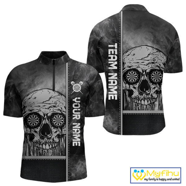 Custom Smoke Skull Dart Men Quarter-Zip Shirts, Dart Tournament Shirt, Halloween Outfit NYN0067
