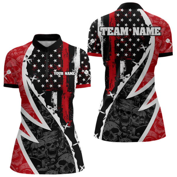 Custom Grunge Red Line US Flag Patriotic Dart Women Quarter-Zip Shirt, Skull Dart Jerseys NYN0024