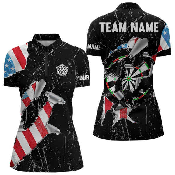 Custom US Flag Dart Team Quarter-Zip Shirts For Women, Patriotic Dart League Shirt NYN0025