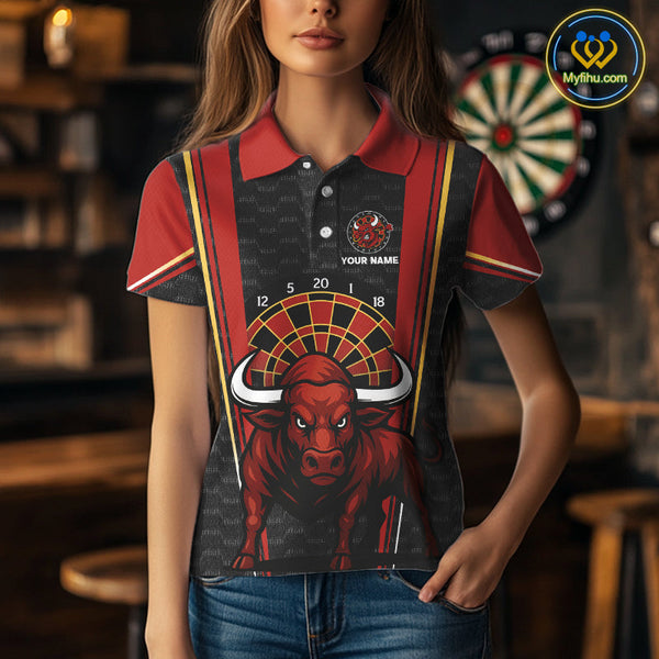 Custom Black And Red Bullseye Bull Dart Polo Shirts For Women, Dart Team League Shirt NYN0359