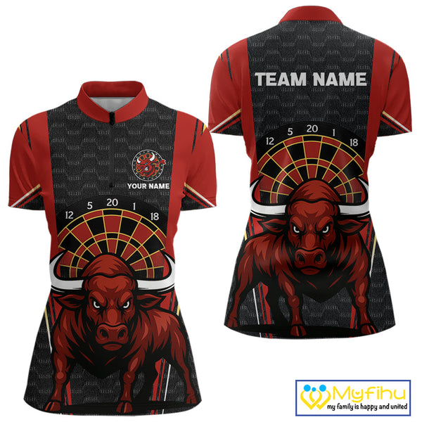 Custom Black And Red Bullseye Bull Dart Women Quarter-Zip Shirt, Dart Team League Shirt NYN0359