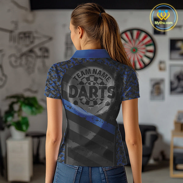 Custom Black And Blue Camo US Flag Patriotic Dart Team Women Polo Shirts With Name NYN0360