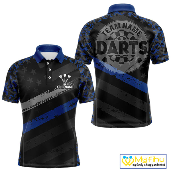 Custom Black And Blue Camo US Flag Patriotic Dart Team Men Polo Shirts With Name NYN0360