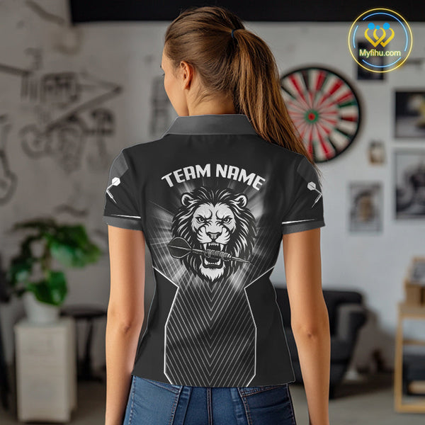 Custom Black And White Lion Team Dart Jerseys, Dart Women Polo Shirts With Name NYN0362