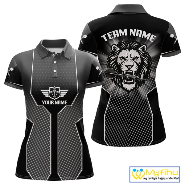 Custom Black And White Lion Team Dart Jerseys, Dart Women Polo Shirts With Name NYN0362