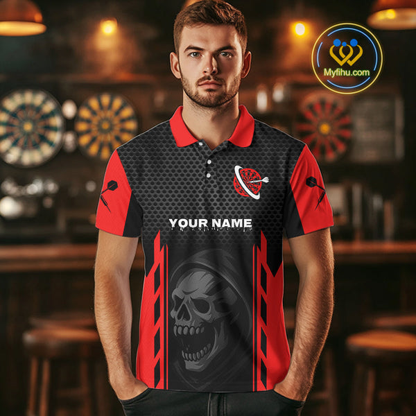 Custom Black And Red Skull Dart Polo Shirts For Men, Halloween Dart Team Outfit NYN0365