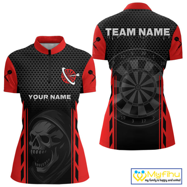 Custom Black And Red Skull Dart Quarter-Zip Shirts For Women, Halloween Dart Team Outfit NYN0365