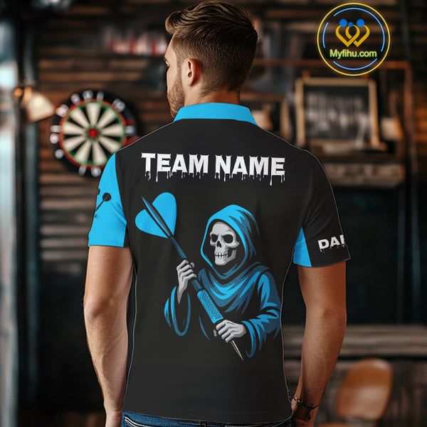 Custom Black And Blue Grim Reaper Dart Polo Shirts For Men, Halloween Team Dart Outfit NYN0367