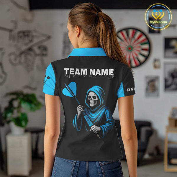 Custom Black And Blue Grim Reaper Dart Polo Shirts For Women, Halloween Team Dart Outfit NYN0367