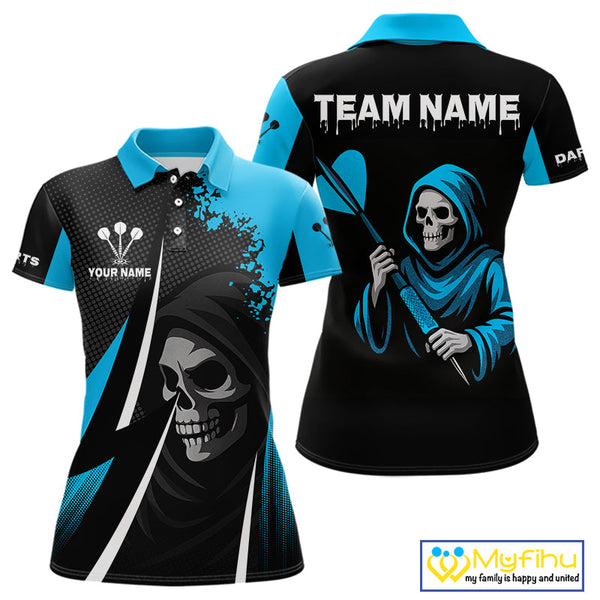 Custom Black And Blue Grim Reaper Dart Polo Shirts For Women, Halloween Team Dart Outfit NYN0367