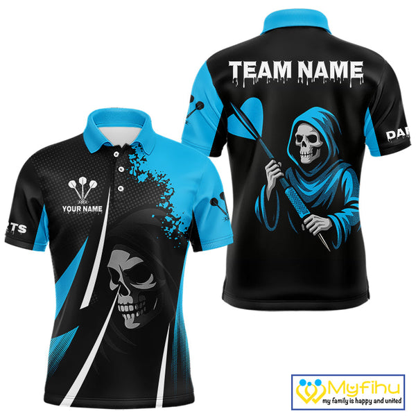 Custom Black And Blue Grim Reaper Dart Polo Shirts For Men, Halloween Team Dart Outfit NYN0367