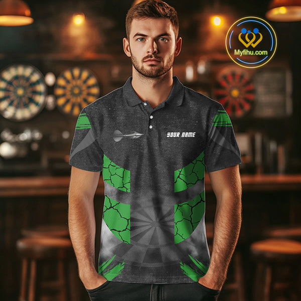 Custom Black And Green Cracked Dart Polo Shirts For Men, Smoke Dart Jerseys NYN0370