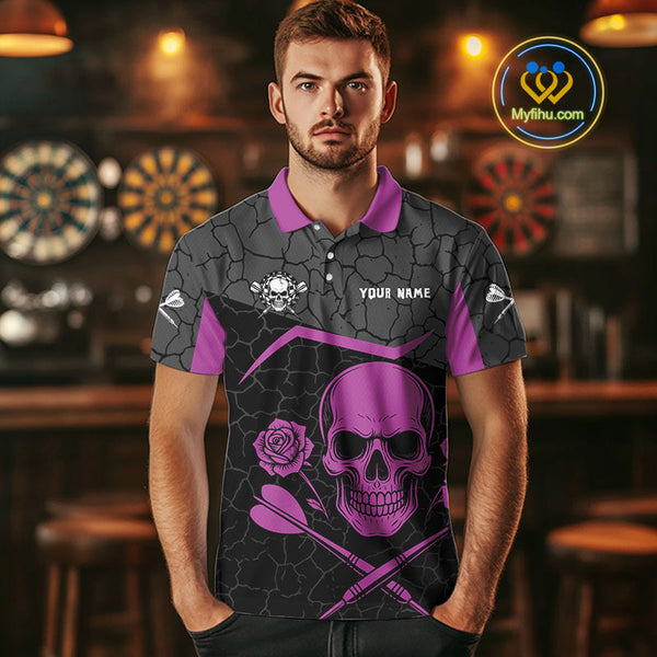 Custom Black And Purple Skull And Roses Dart Men Polo Shirt, Dart Team League Shirt NYN0375