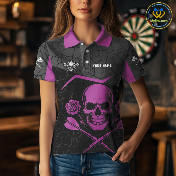 Custom Black And Purple Skull And Roses Dart Women Polo Shirt, Dart Team League Shirt NYN0375
