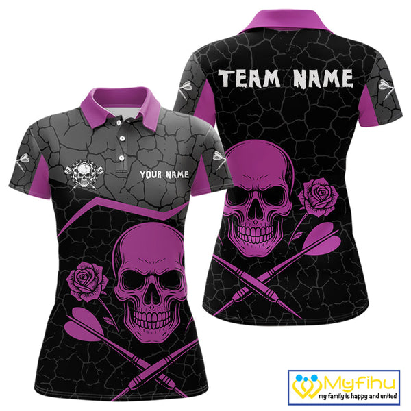 Custom Black And Purple Skull And Roses Dart Women Polo Shirt, Dart Team League Shirt NYN0375