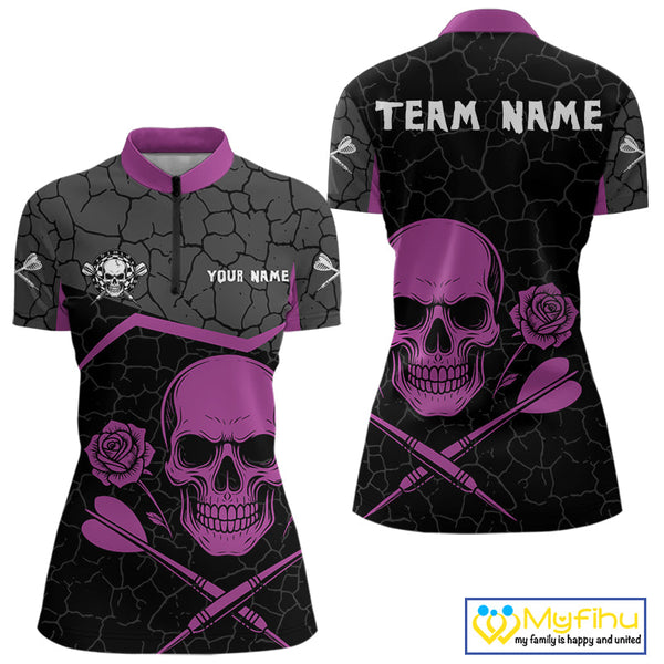Custom Black And Purple Skull And Roses Dart Women Quarter-Zip Shirt, Dart League Shirt NYN0375