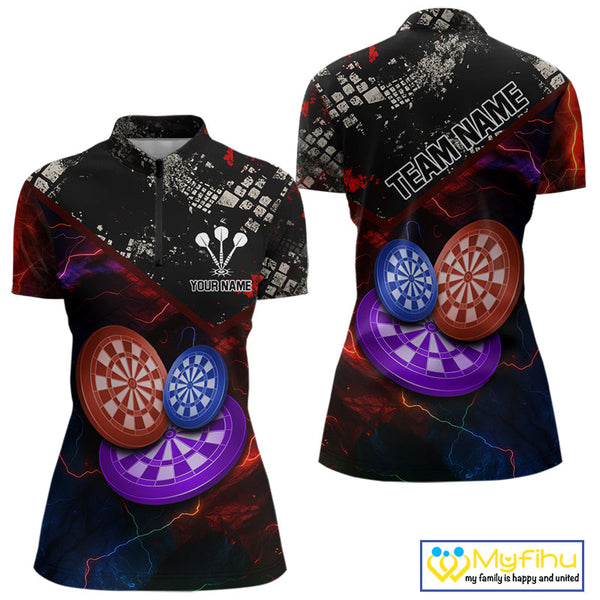 Custom Colorful Thunder Lightning Dartboard Women Quarter-Zip Shirt, Dart League Shirt NYN0634
