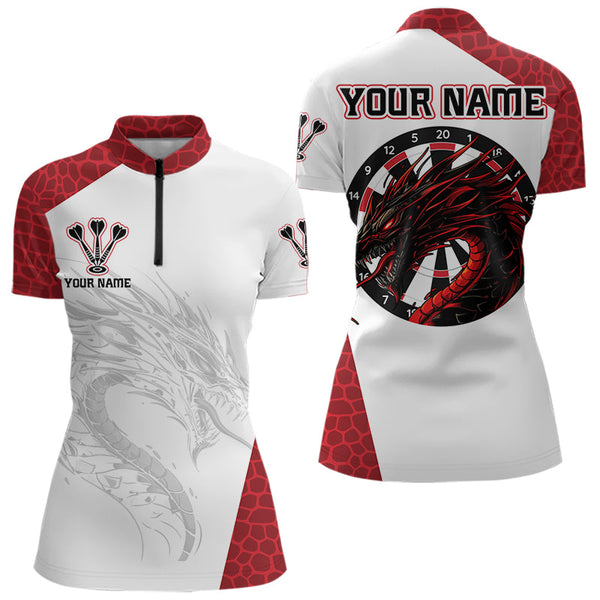 Custom White And Red Dragon Dart Team Women Quarter-Zip Shirt, Dart Tournament Shirt NYN0033
