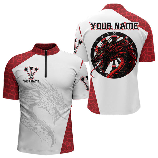 Custom White And Red Dragon Dart Team Quarter-Zip Shirts For Men, Dart Tournament Shirt Uniform NYN0033
