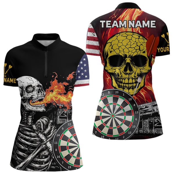 Custom US Flag Patriotic Darts Quarter-Zip Shirts For Women, Skull Halloween Dart Outfit NYN0036