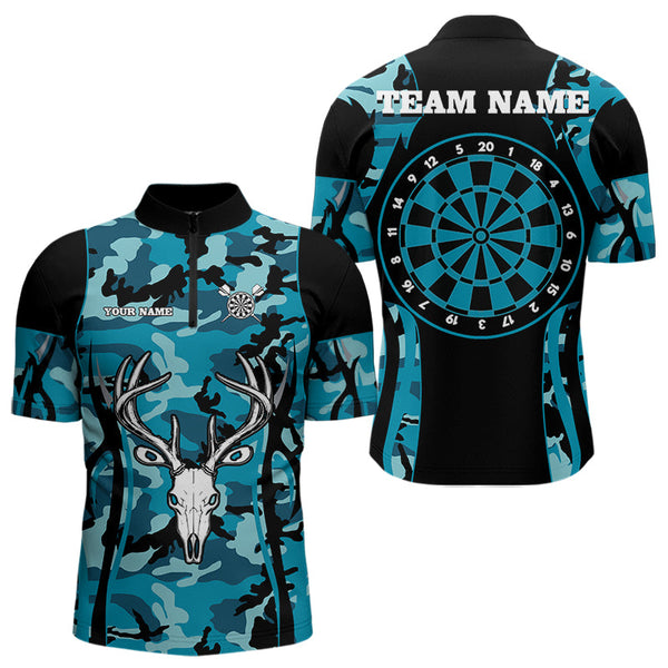 Custom Deer Hunting Blue Camouflage Dart Team Quarter-Zip Shirts For Men, Dart Jerseys NYN0037