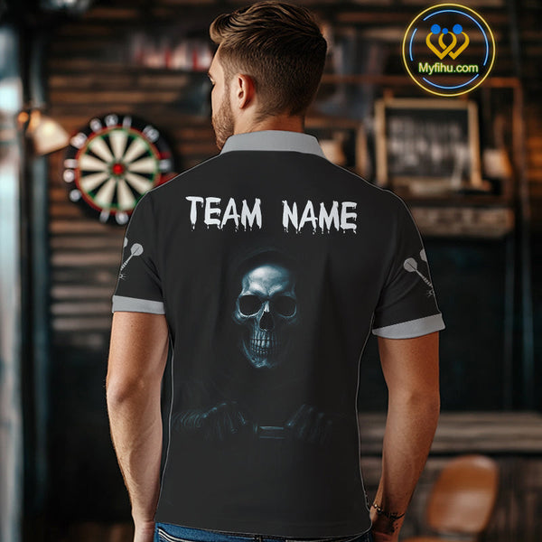 Custom Black And Blue Grim Reaper Skull Dart Team Men Polo Shirt, Halloween Dart Outfit NYN0380