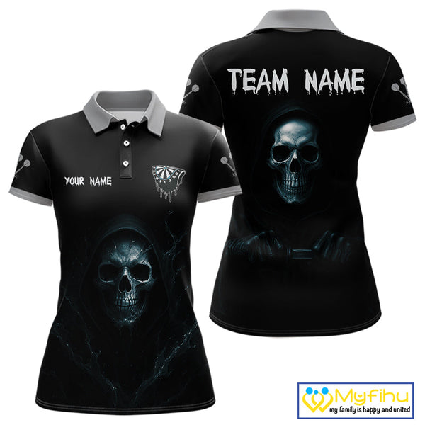 Custom Black And Blue Grim Reaper Skull Dart Team Women Polo Shirt, Halloween Dart Outfit NYN0380