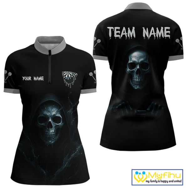 Custom Black And Blue Grim Reaper Dart Women Quarter-Zip Shirt, Halloween Dart Outfit NYN0380