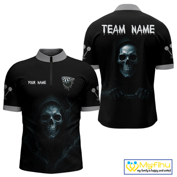 Custom Black And Blue Grim Reaper Skull Dart Team Men Quarter-Zip Shirt, Halloween Dart Outfit NYN0380