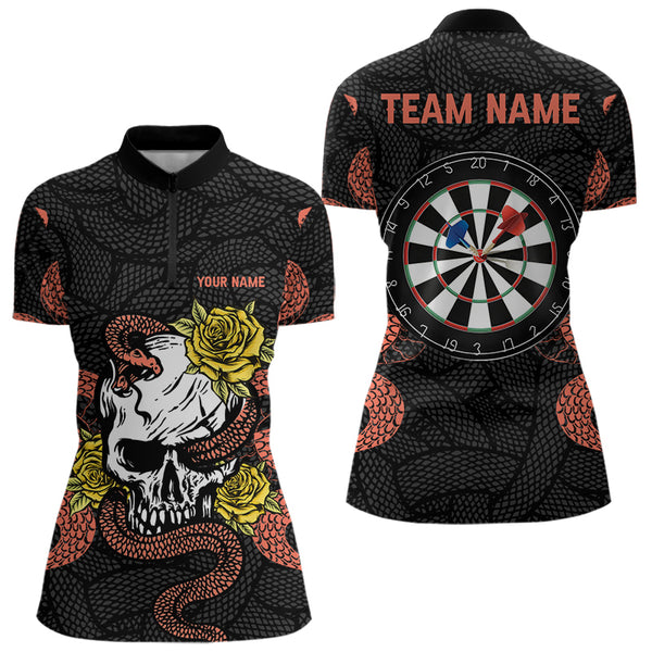 Custom Skull Roses And Snake Dart Quarter-Zip Shirts For Women, Dart League Team Shirt NYN0044