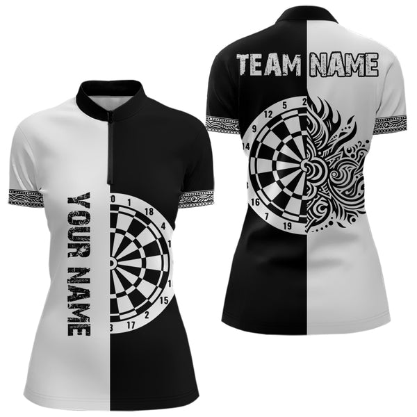 Custom Black And White Tribal Dart Team Women Quarter-Zip Shirt, Dart Tournament Shirt NYN0048