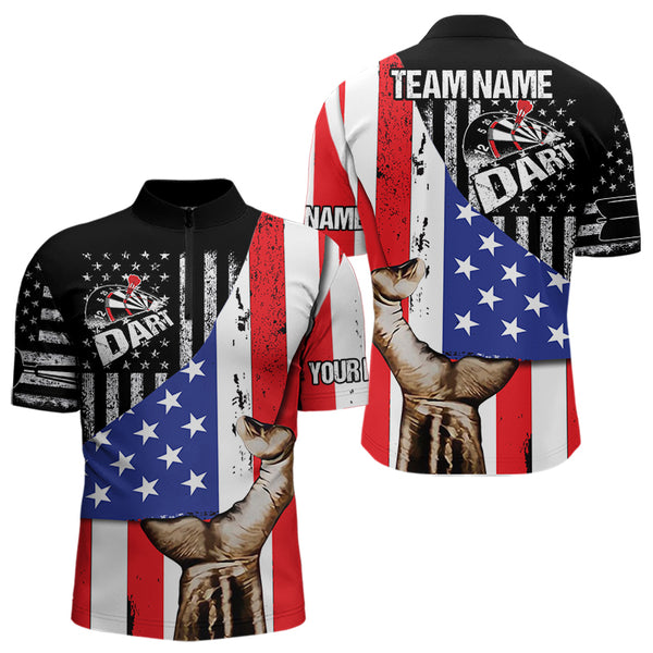 Custom US Flag Patriotic Darts Quarter-Zip Shirts For Men, American Dart Tournament Team Shirt NYN0051