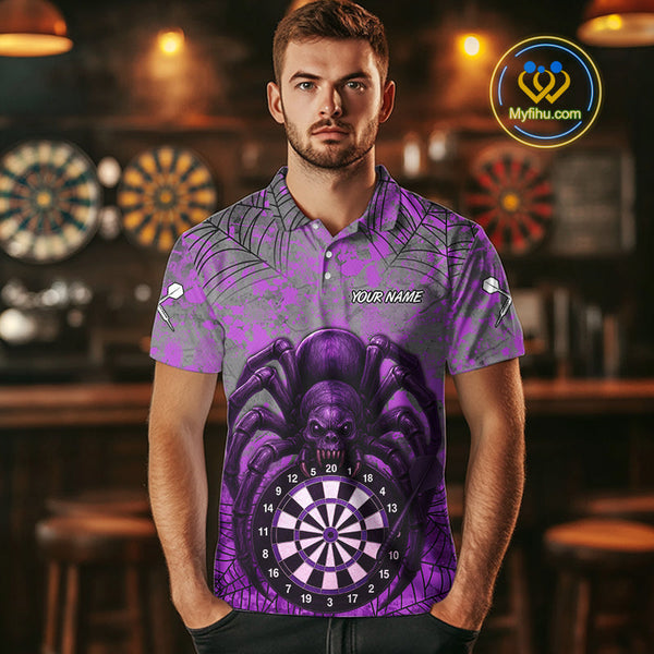 Custom Purple Splatter Spider Dart Polo Shirts For Men, Halloween Dart Jerseys NYN0394